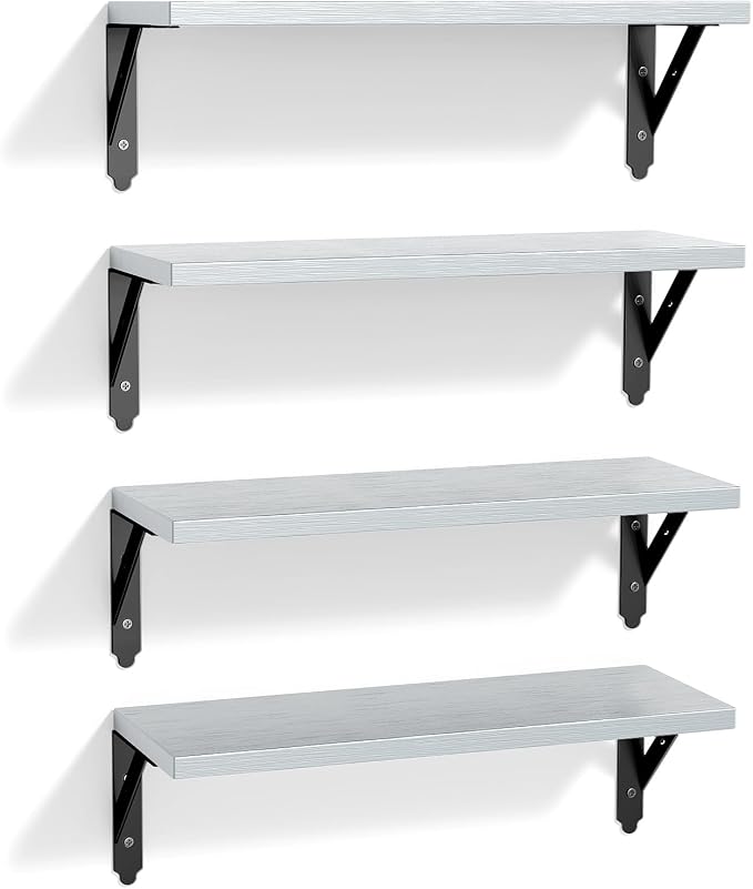 ROMGUAR CRAFT Wood Floating Shelves Set of 4, Rustic Storage Decor Wall Shelves, Wall Mounted Shelf for Living Room, Bedroom 17" x 6", Light Grey - Image 7
