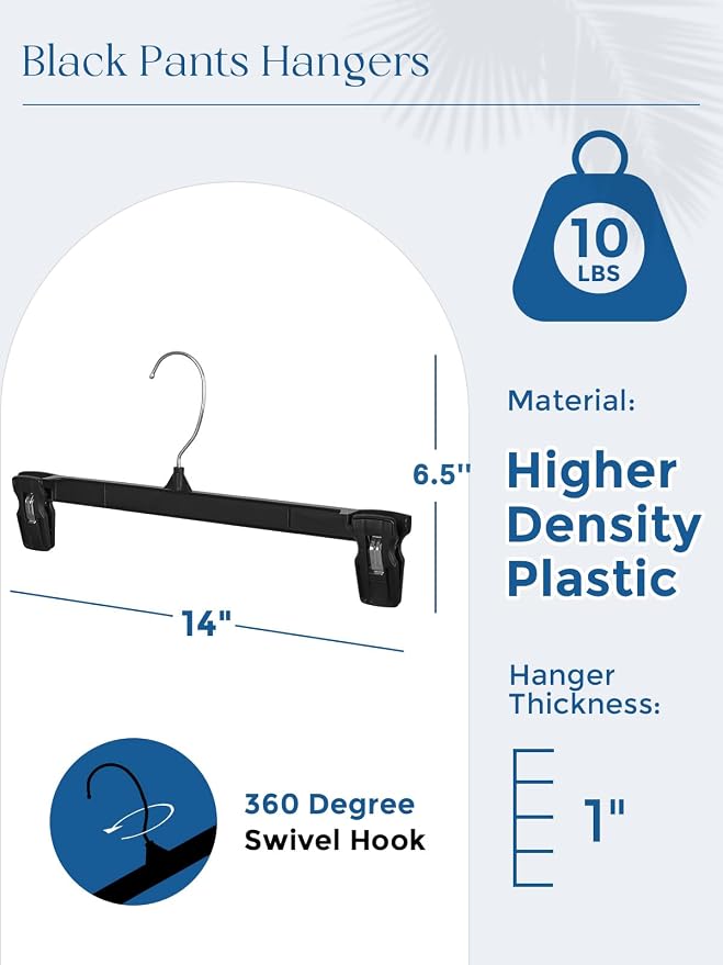 Smartor Space Saving Heavy Duty Hangers - 180 Pack, Slim Plastic Pants and Shorts Hangers, Ridged Non-Slip with Pinch Clips, 360-Rotating Chrome Swivel Hook, Black, 10 Inches - Image 9