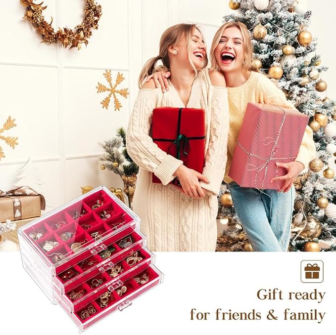 Lolalet Earring Holder Organizer Box Jewelry Storage with 4 Drawers, Clear Acrylic Stackable Earring Case with Adjustable Velvet Trays for Women on Dresser Vanity -Red, 4 Layers - Image 7