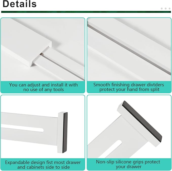 4 Pack Bamboo Drawer Dividers 2.6" High, Adjustable Length from 12 Inch to 17 Inch, Expandable Kitchen Drawer Organizer Separators for Clothes, Kitchen, Bedroom, Dresser, Office (White) - Image 9