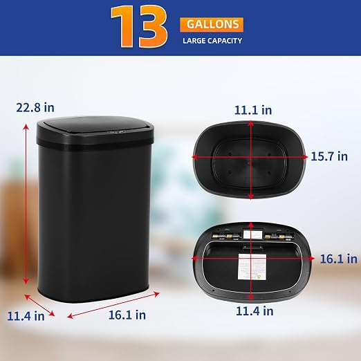 Stainless Steel Kitchen Trash Can Bathroom Bedroom Office Waste Bin with Lid Automatic Sensor Touch Free Garbage Can 13 Gallon / 50L,Black - Image 7