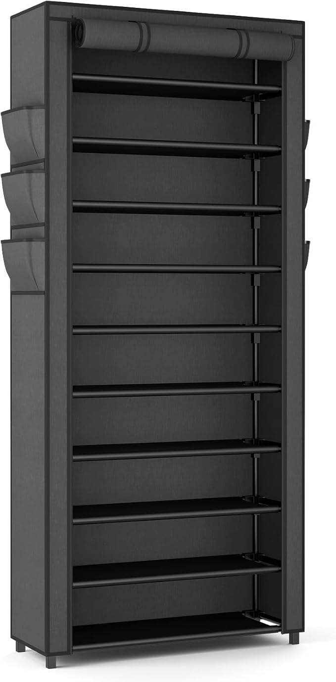 VTRIN Vertical Narrow Shoe Rack Organizer Tall Shoe Rack for Closet Entryway 10 Tier Non-Woven Cover Shoe Shelf Holds 36-41 Pairs Free Standing Shoe Storage Cabinet with Dustproof Cover, Black - Image 8