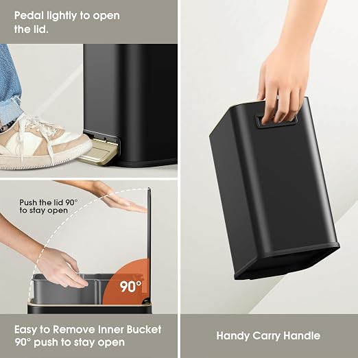 Small Bathroom Trash Can with Lid Soft Close, 5L / 1.3 Gallon Slim Garbage Can with Removable Inner Bucket, Step Stainless Steel Trash Bin for Office, Bathrooms, Bedroom, Living Room (Black) - Image 6