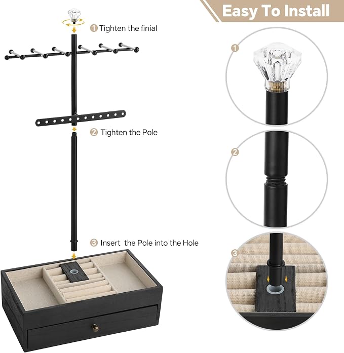 Meangood Jewelry Organizer Stand, 3-Tier Necklace Holder Jewelry Tree with Wooden Storage Drawer Box for Necklace Bracelet Earring Ring,Black - Image 8