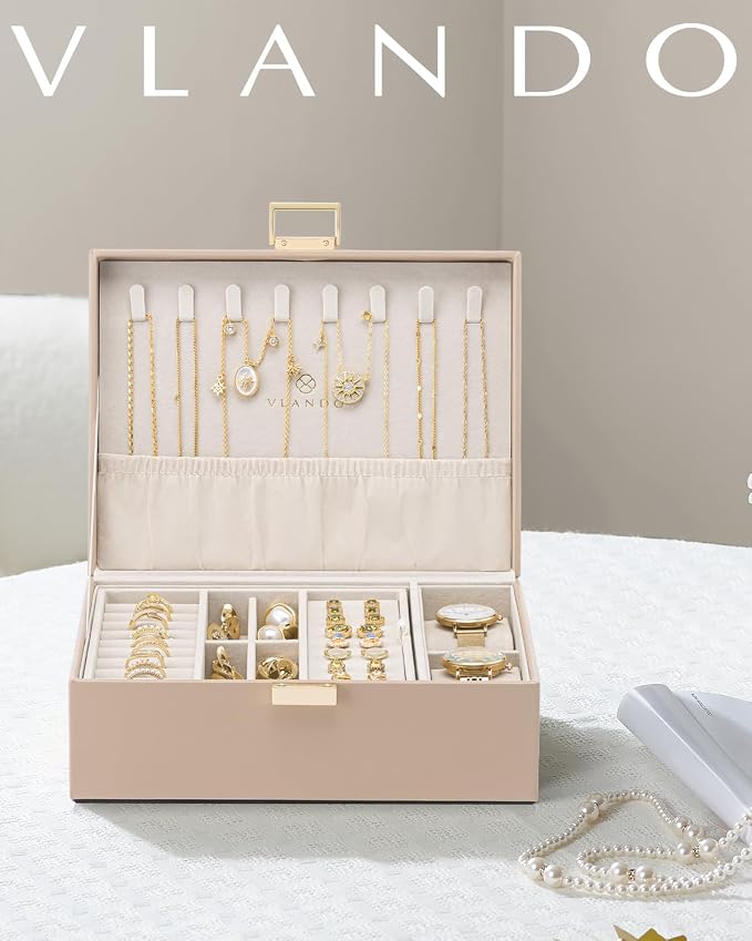 VLANDO Jewelry Organizer,2 Layer Jewelry Box Large Jewelry Organizer for Women Removable Jewelery Tray with Watch Pillow for Necklace Earrings Rings Bracelets (Toffee) - Image 7