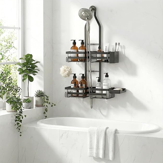 Over the Shower Head Caddy for Handheld Showerhead - Rustproof Hanging Shower Organizer, No Drill 2-Tier Bathroom Storage Shelf with Soap Holder, Black - Image 9