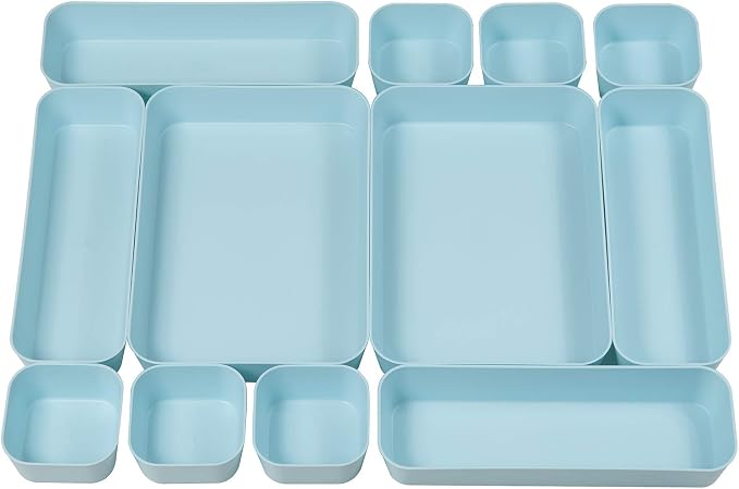 Backerysupply Set Of 12 Blue Color Plastic Desk Drawer Organizers For Makeup Bathroom Office Kitchen Vanity Drawer Storage Box Container - Image 8