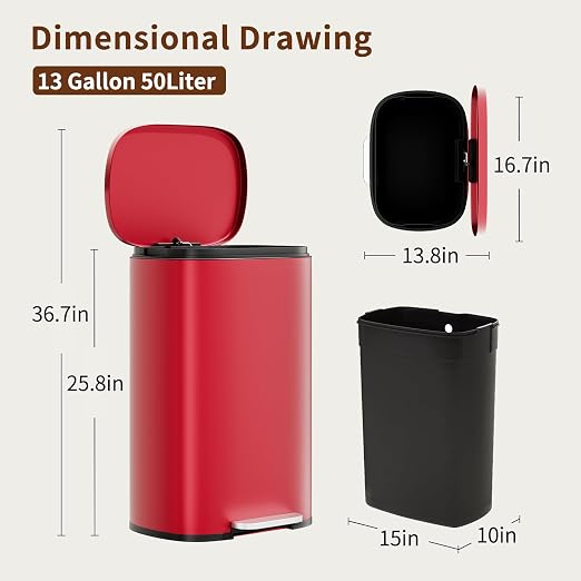 PayLessHere Stainless Steel Trash Can with Lid - Removable Inner Bucket, Foot Pedal, Soft Close for Office, Home, Kitchen (Red, 13 G) - Image 7