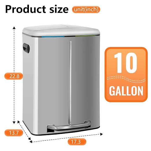 PayLessHere Dual Compartment Trash Can with Lid Removable Inner Bucket Foot Pedal Soft Close for Office Home Kitchen Garbage Can Trash Bin (Stainless Steel, 10 G) - Image 7