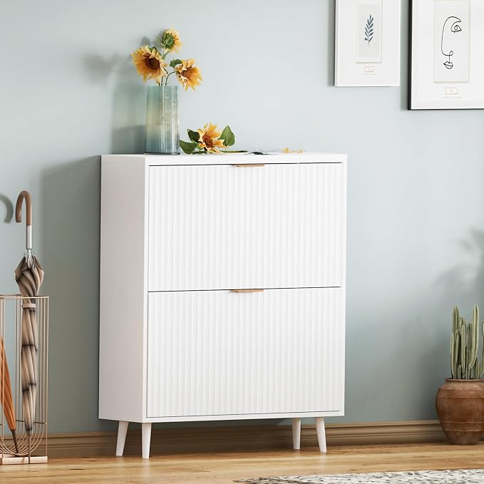 Shoe Cabinet Storage,Modern Freestanding Organizer with 2 Flip Drawers,Narrow Shoe Rack Cabinet for Entryway,White - Image 7
