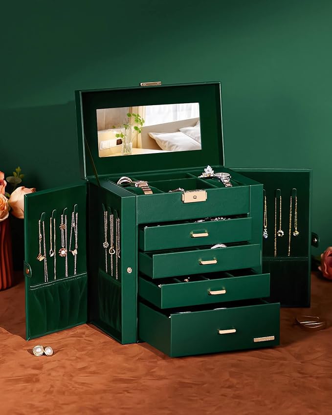 Homde Synthetic Leather Huge Jewelry Box Mirrored Watch Organizer Necklace Ring Earring Storage Lockable Gift Case (Forest Green + Gold) - Image 9