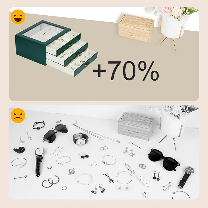 Jewelry Box Organizer with 3 Drawers,Glass Lid Jewelry Boxes for Women,Jewelry Storage for Rings,Necklaces,Earrings,Bracelets,Interesting Gift,Green - Image 8