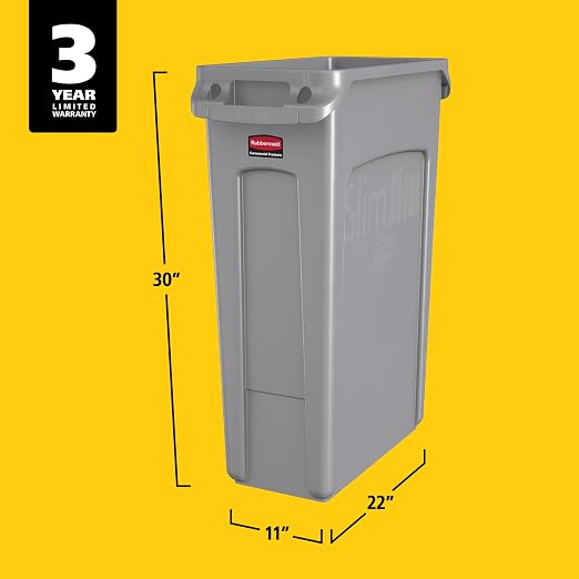 Rubbermaid Commercial Products Slim Jim Plastic Rectangular Trash/Garbage Can with Venting Channels, 23 Gallon, Gray - Image 7