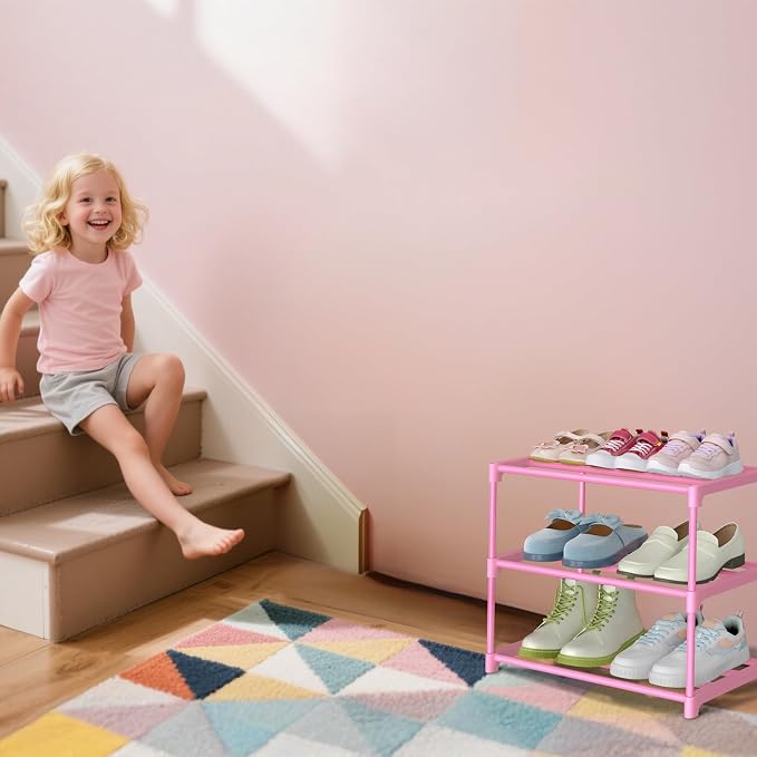 HITHIM 3-Tier Pink Shoe Racks for Women/Girls/Kids' Closet, Small Shoe Storage for 5-7 Pairs, Lightweight Stackable Shoe Shelf Organizer for Entryway, Front Door Entrance, Bedroom - Image 6