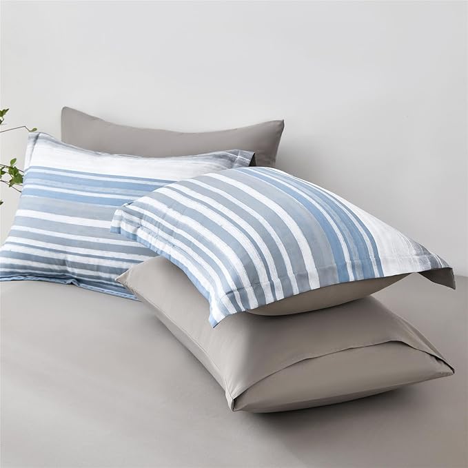 KAKIJUMN 7 Piece Bed in a Bag Stripe Comforter Set Full Size, White Grey Blue Striped Comforter and Sheet Set, All Season Soft Microfiber Complete Bedding Set(Light Blue,Full)