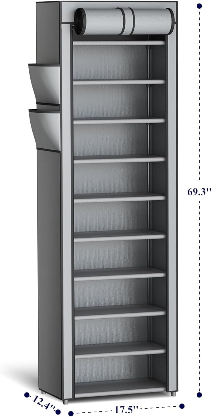 Kitsure Shoe Rack - 10-Tier Large Capacity Shoe Organizer Shelf with Dust Cover & Side Pockets, Rust-Proof Metal Shoe Rack for Closet, Entrance, Living Room, 17.5" x 12.4" x 69.3", Grey - Image 2
