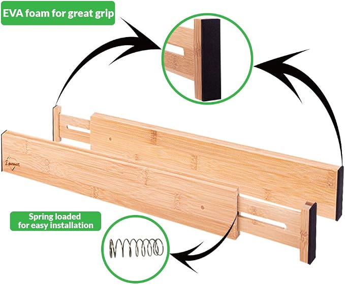 Adjustable Bamboo Drawer Dividers – SMALL SIZE, Expandable 12–16 inch – Spring Loaded Drawer Organizer for Kitchen, Dresser, Bathroom, Bedroom, Desk – 6-Pack - Image 9
