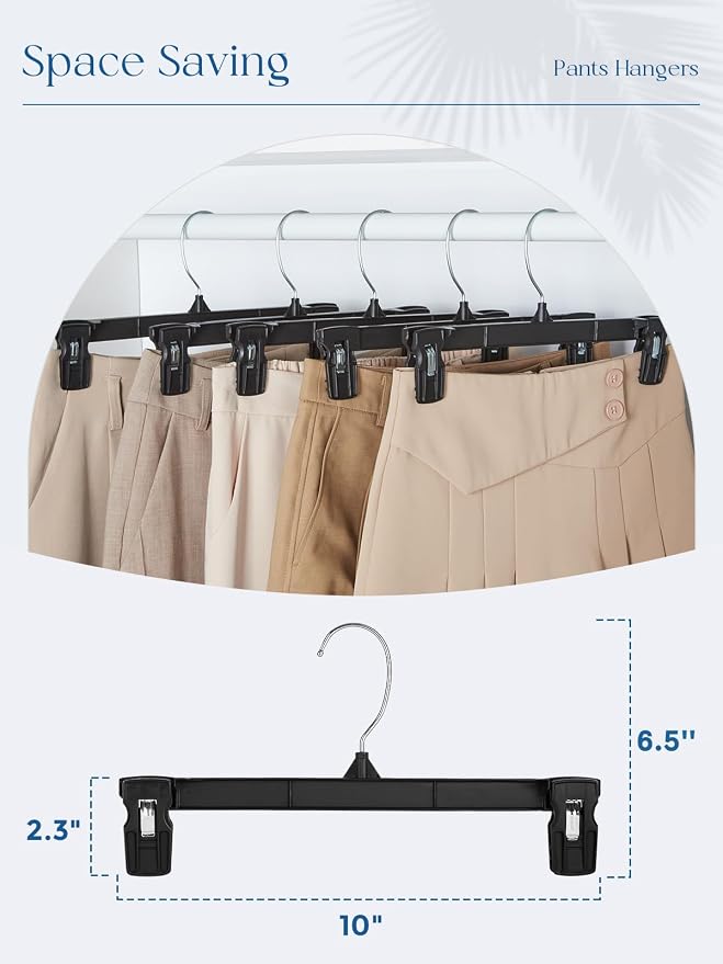 Smartor Space Saving Skirt Hangers - 150 Pack, Slim Plastic Pants and Shorts Hangers, Ridged Non-Slip with Pinch Clips, Black Clip Hanger for Women, 360-Rotating Chrome Swivel Hook, 10 Inches - Image 9