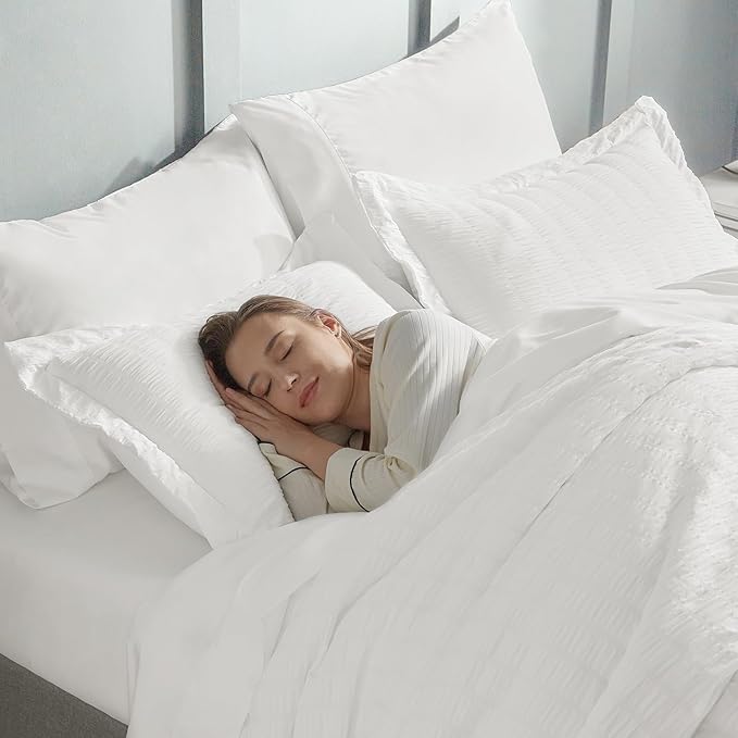 CozyLux King Size Comforter Set White Seersucker 7 Pieces Bed in a Bag King Comforter Set with Sheets, Luxury Soft Bedding Sets with Down Alternative Comforter, Sheets, Pillowcases & Shams All Seasons