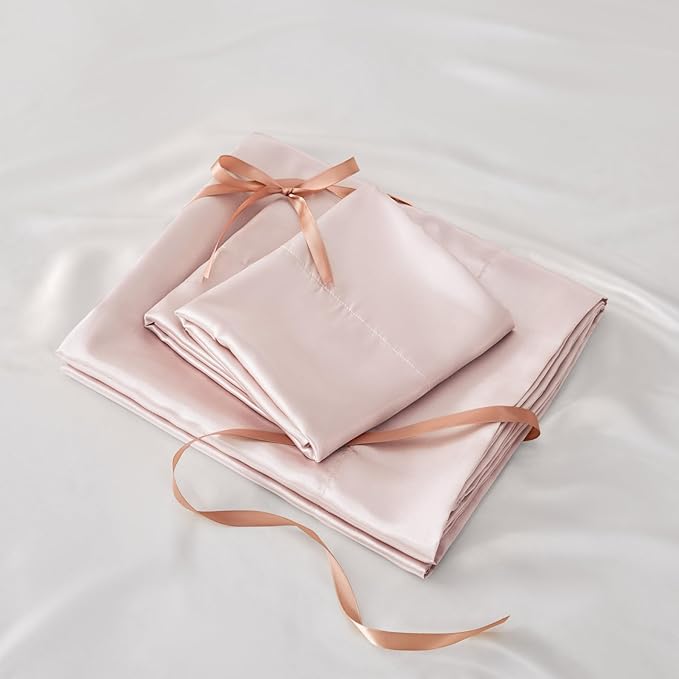 BEDELITE King Size Sheets Set, Luxury Soft Pink Satin Sheets for Hair and Skin, Similar to Silk Bed Sheets Set 4 Pieces with 1 Deep Pocket Fitted Sheet, 1 Flat Sheet, and 2 Pillowcases