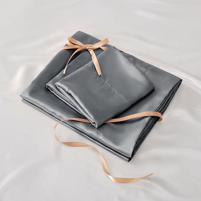 BEDELITE Satin Sheets Queen Size Bed Set, Luxury Soft Dark Grey Silky Sheets for Hair and Skin, Similar to Silk Bed Sheets Set 4 Pieces with 1 Deep Pocket Fitted Sheet, 1 Flat Sheet, and 2 Pillowcases