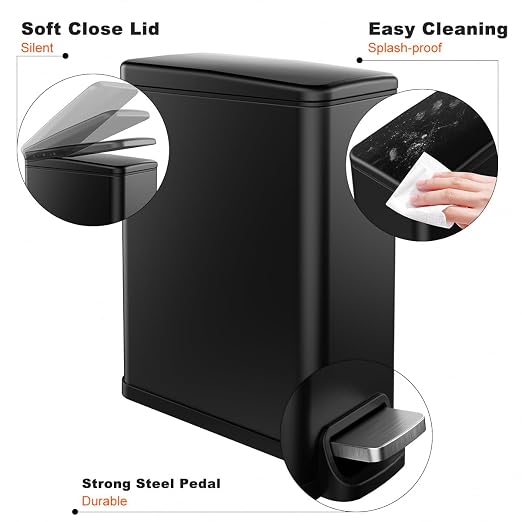 Slim Bathroom Trash Can with Lid Soft Close, 2.6 Gallon Stainless Steel Garbage Can with Removable Inner Bucket, Durable Step Pedal, Small Trash Bins for Toilet, Bedroom, Kitchen, Office - Image 7