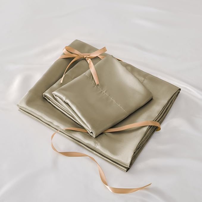BEDELITE Satin Sheets Twin Size Bed Set, Luxury Soft Taupe Silky Sheets for Hair and Skin, Similar to Silk Bed Sheets Set 3 Pieces with 1 Deep Pocket Fitted Sheet, 1 Flat Sheet, and 1 Pillowcase