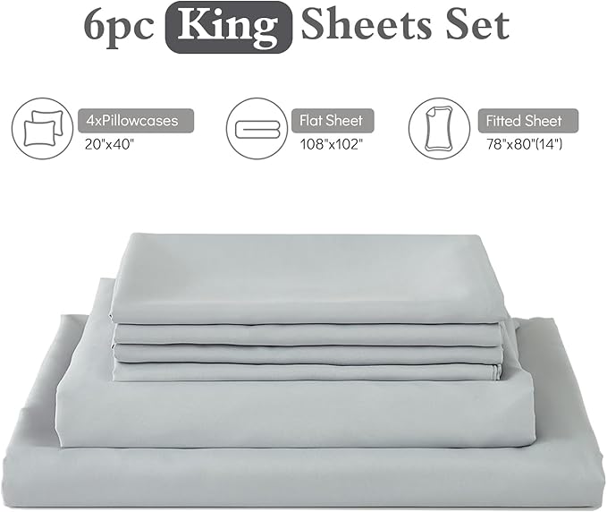 ILAVANDE King Size Sheets Set 6 Piece,Hotel Luxury Super Soft 1800 Series Microfiber Grey Bed Sheets King Set-Wrinkle Free & Breathable-14 Deep Pocket Sheets for King Size Bed(King,Light Grey)