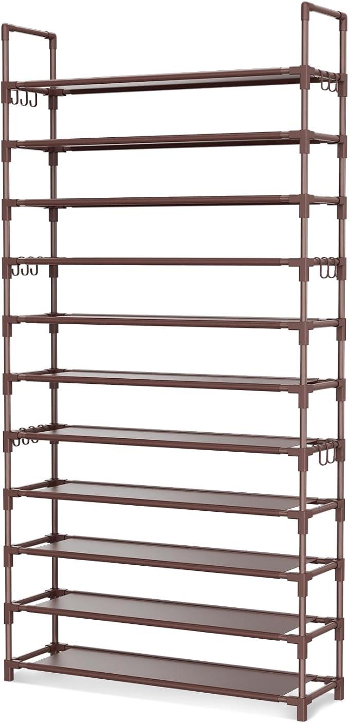 LANTEFUL 11 Tiers Tall Shoe Rack Holds 55 Pairs of Shoes with 18pcs Hooks Sturdy Wide Shoe Organizer Storage Free Standing Metal Shoe Shelf for Closet, Entryway Brown - Image 8