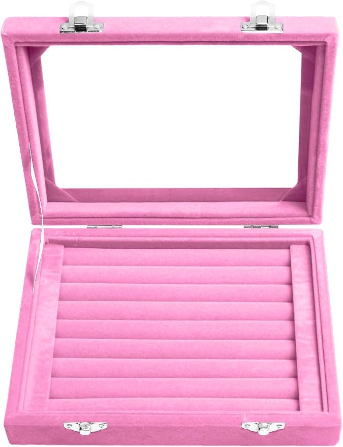 Jewelry Box Rings Organizer Tray 7 Slots Velvet Earring Storage Box With Transparent Lid Jewelry Display Case for Women (Light Pink) - Image 7