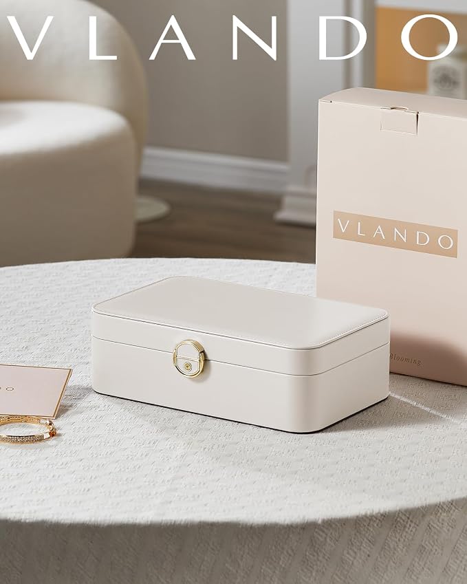 VLANDO 2 Layer Jewelry Box,Jewelry Organizer Storage Lockable Earring Organizer Removable Jewelry Tray with Watch Pillow for Neckable Ring Bracelets-Cream White - Image 8