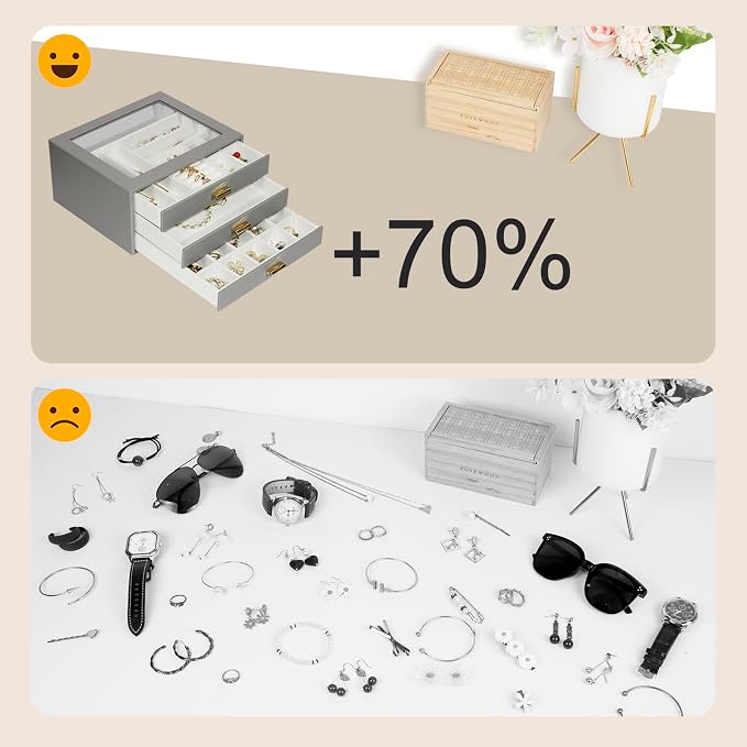 Jewelry Box Organizer with 3 Drawers,Glass Lid Jewelry Boxes for Women,Jewelry Storage for Rings,Necklaces,Earrings,Bracelets,Interesting Gift,Gray - Image 7