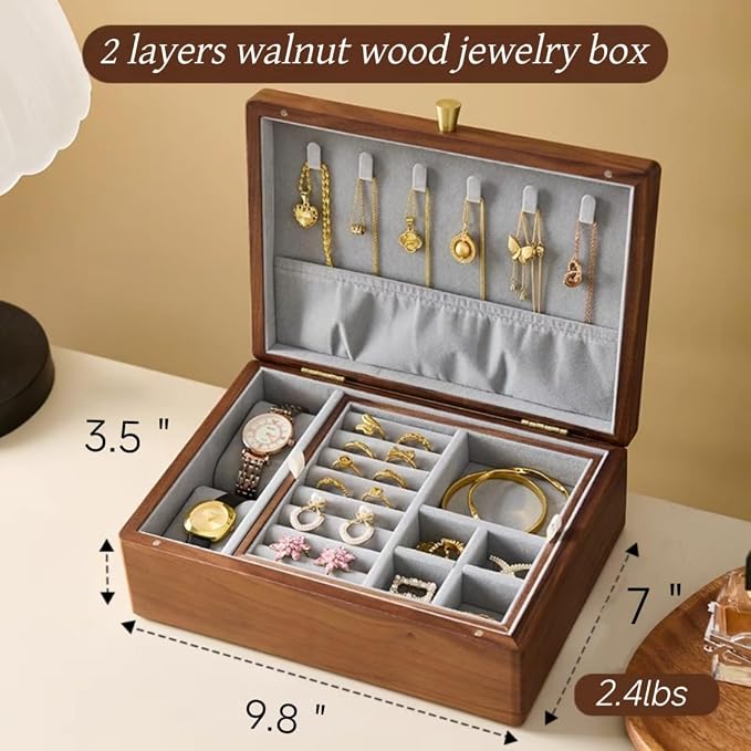 Bescott 2 Layer Solid Black Walnut Wooden Jewelry Box for Women Wood Vintage Organizer for Men Earrings Rings Necklaces Bracelet Watch Storage - Image 5