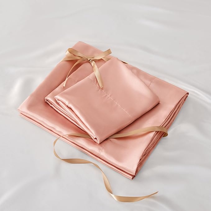BEDELITE Satin Sheets Queen Size Bed Set, Luxury Soft Coral Pink Silky Sheets for Hair and Skin, Similar to Silk Bed Sheet Set 4 Pieces with 1 Deep Pocket Fitted Sheet, 1 Flat Sheet, and 2 Pillowcases