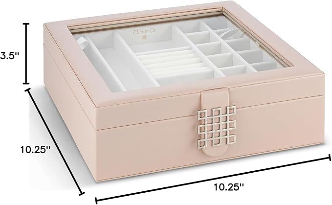 Glenor Co 28 Section Jewelry Box - 2 Layer - Buckle Snap & Magnet Closure - Large Glass Top - Leather Design - Sand - Jewelry Organizer for Women & Girls - for Earring Ring Necklace & Bracelet - Image 7