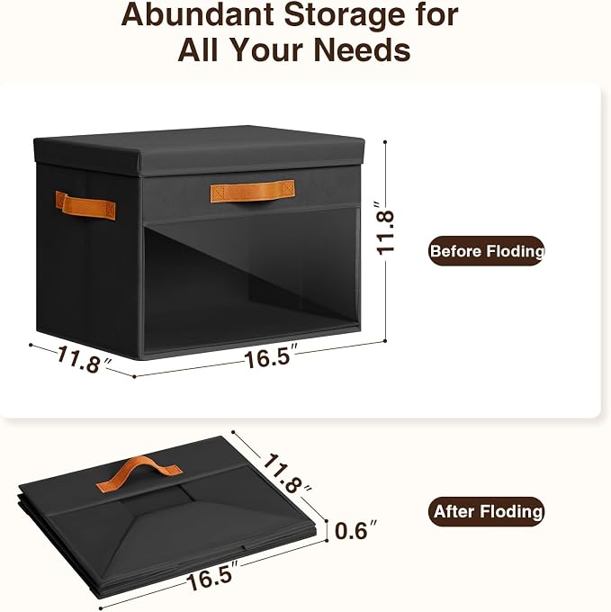 Homsorout Large Storage Bins with Lids - 4 Pack Foldable Decorative Organizers with Clear Windows & Handles, Cube Storage Organizers for Clothes, Blankets, Sweaters, Sheets, Black - Image 7