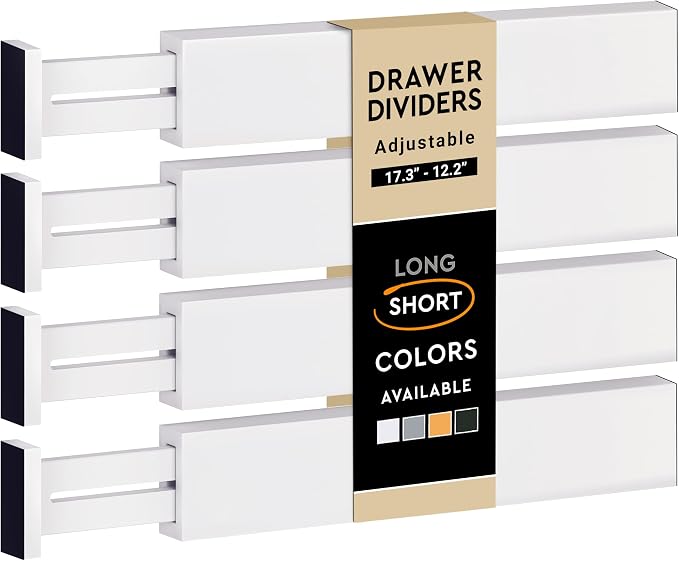 4-Pack Bamboo Drawer Dividers - 12.2 to 17.3 Inches Deep, 2.6 Inches High, Adjustable Expandable Drawer Organizer Dresser Separator for Clothes, Utensils, Kitchen, Bathroom, Office Storage, White - Image 8