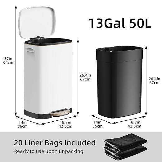 KUK 13 Gallon Kitchen Trash Can with Lid, 50L/13Gal Office Step Garbage Can for Home, Kitchen, Laundry Room, Office, Brushed Stainless Steel, White - Image 7