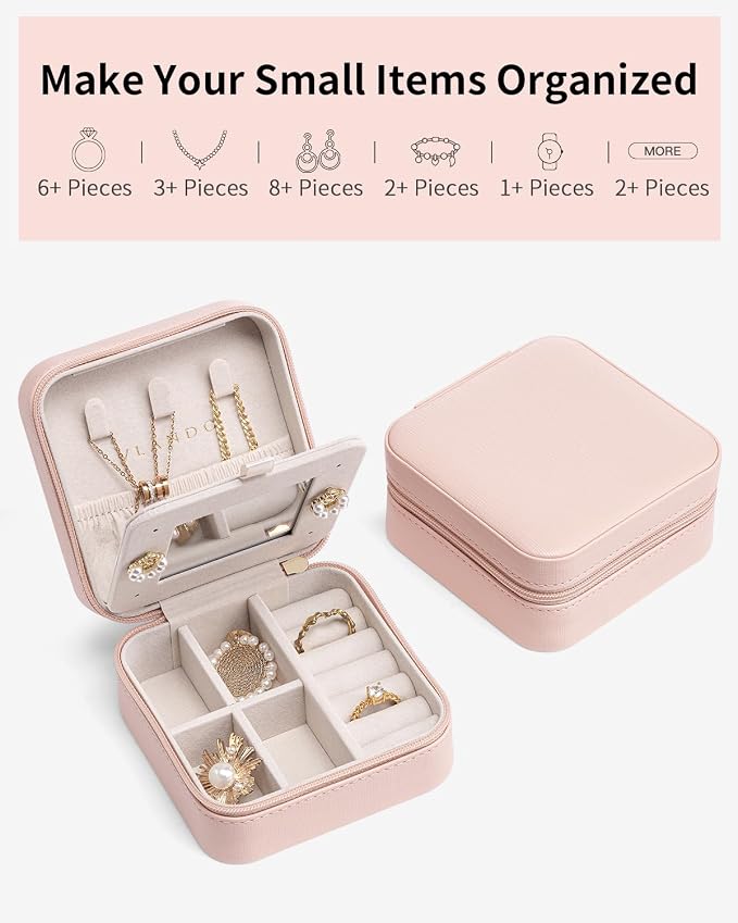 VLANDO Valentines Day Gifts - Small Travel Jewelry Box Organizer -Jewelry Display Case for Girls Women Bridesmaid Gift Rings Earrings Necklaces Storage with Mirror Pink - Image 8