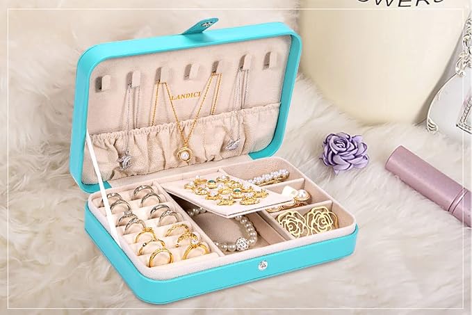 LANDICI Small Jewelry Box for Women Girls, PU Leather Travel Jewelry Organizer Case, Portable Jewellery Storage Holder Display for Ring Earrings Necklace Bracelet Bangle Watch Men Kids Gift, Lake Blue - Image 8