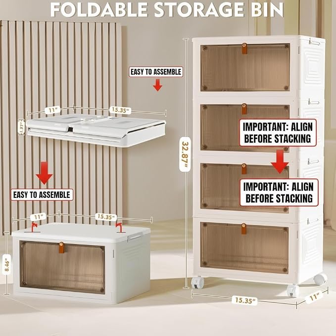 YFXCVSL 4 Tier Plastic Storage Bins with Lid 23QT, Stackable Storage Containers with Wheels, Folding Storage Boxes, Stackable Storage Bins, Organizers and Storage for Living Room,Office,Dorm - Image 7