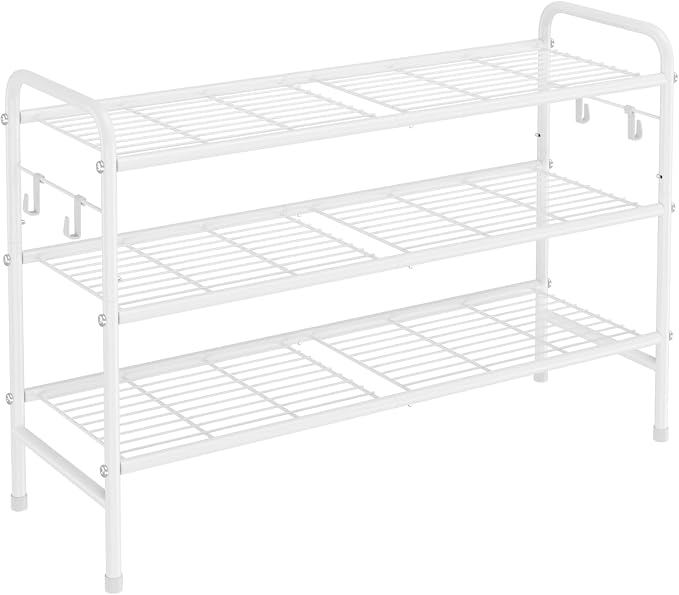 VILICK 3 Tier Shoe Rack 33" Wide Metal Shoe Organizer Long Shoe Storage with 4 Side Hooks Sturdy Shoes Shelf for Front Door Entrance, Closet, Garage, Dorm, White - Image 9