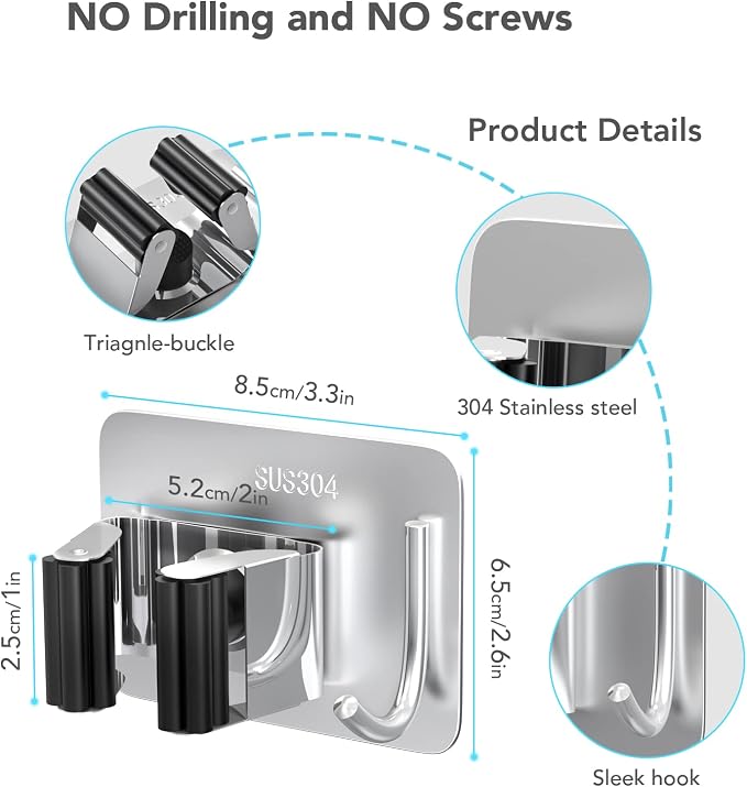 homeasy Mop Broom Holder No Drill, Mop Broom Organizer Wall Mounted Heavy Duty with Hooks Hanger, Self Adhesive Stainless Steel 4Pcs for Bathroom, Kitchen, Office (Multicolor) - Image 8