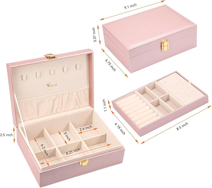 Voova Jewelry Box Organizer for Women Girls, 2 Layer Large Men Jewelry Storage Case, PU Leather Display Jewellery Holder with Removable Tray for Necklace Rings Bracelets,Vintage Gift,Rose Gold - Image 6