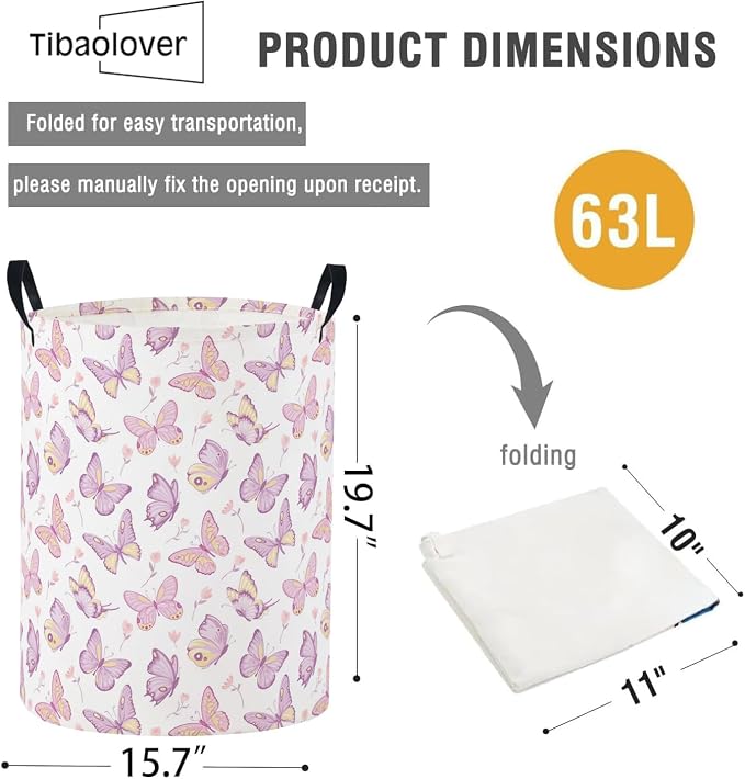 Baby Laundry Basket Baby Nursery Hamper Kids Laundry Basket Toy Storage Bin for Boys Room Decor Gift Baskets for Bedroom Bathroom(Purple Butterfly) - Image 6