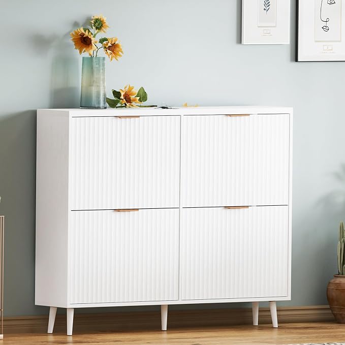 Shoe Cabinet Storage,Modern Freestanding Organizer with 4 Flip Drawers,Narrow Shoe Rack Cabinet for Entryway,White - Image 7
