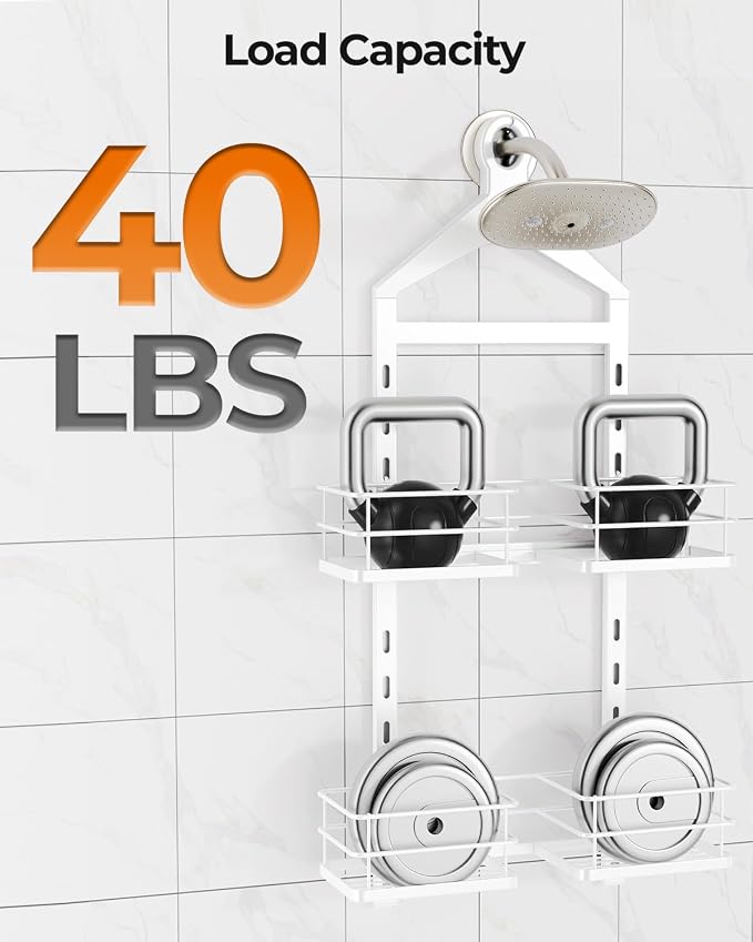 ODesign 2 Tier Height-Adjustable Shower Caddy Hanging Anti-Swing-Over The Shower Head Caddy-Storage Organizer Bathroom Shelves Basket-White - Image 9