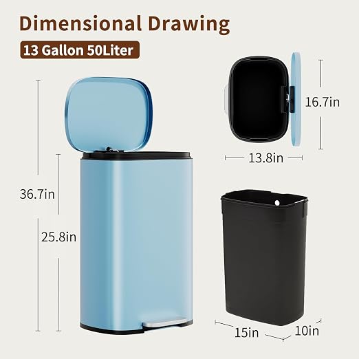 PayLessHere Stainless Steel Trash Can with Lid - Removable Inner Bucket, Foot Pedal Soft Close for Office, Home, Kitchen Garbage Bin (Blue, 13 G) - Image 7