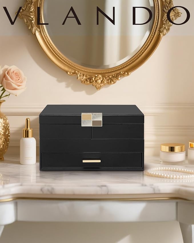 Vlando 3 Layer Jewelry Box - Women Jewelry Box with Retractable Tray - Jewelry Organizers with Drawer for Necklaces, Rings, Bracelets, Earrings, Gift for Couples Mom Girls - Black - Image 7