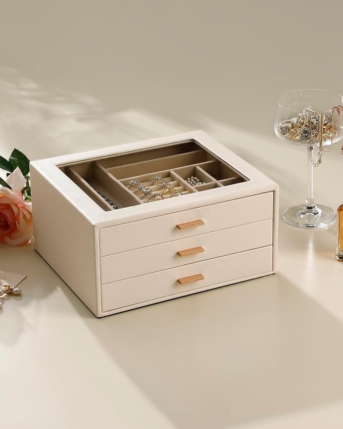 Jewelry Box with Glass Lid,3-Layer Jewelry Boxes for Women,PU Leather Jewelry Organizer with 20-Grid Earring Drawer & Movable Dividers for Necklaces Rings - Cloud White - Image 7